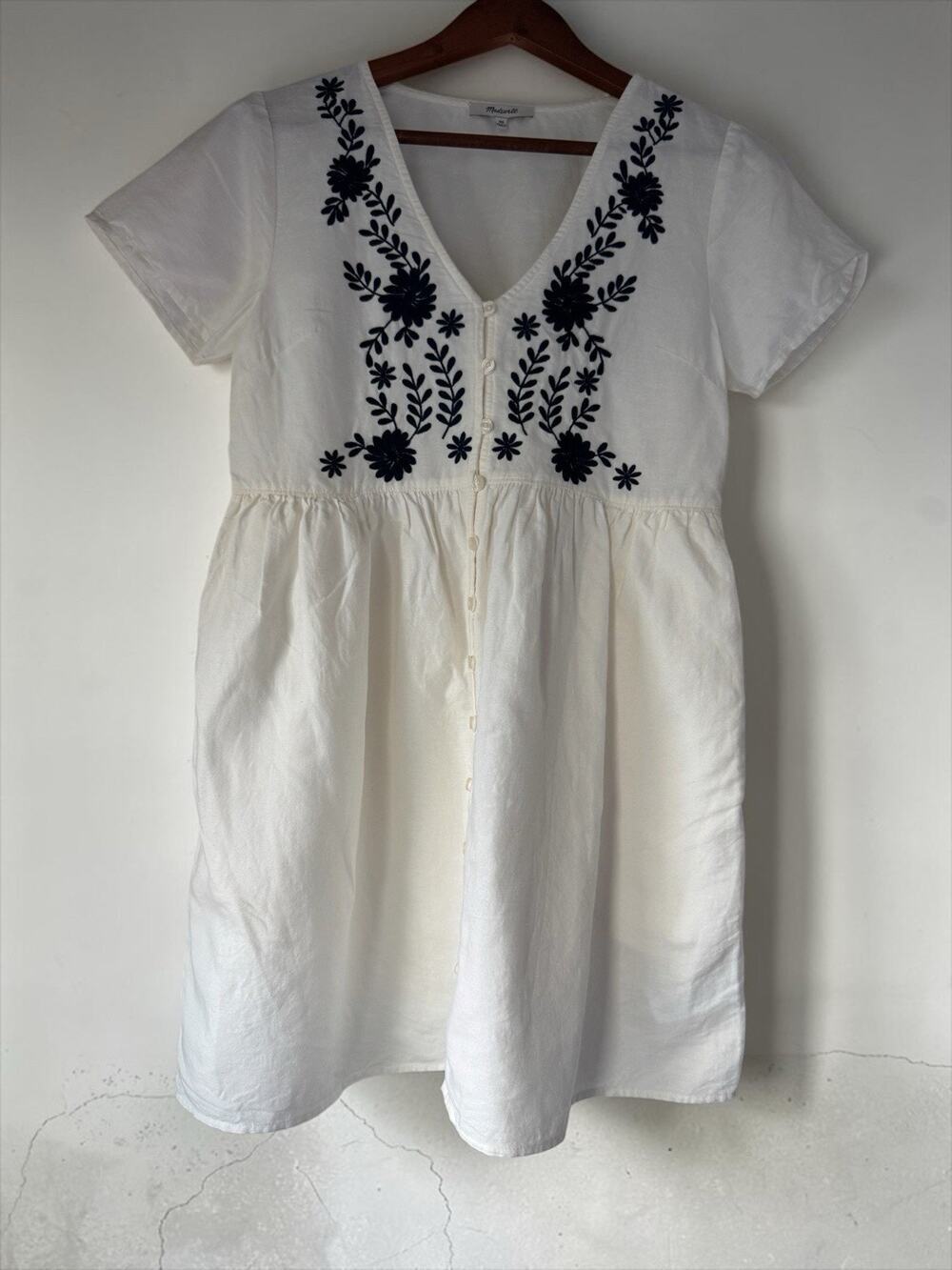 Madewell Women Linen Blend Alexandra Embroidered V-Neck Mini Dress Size XS